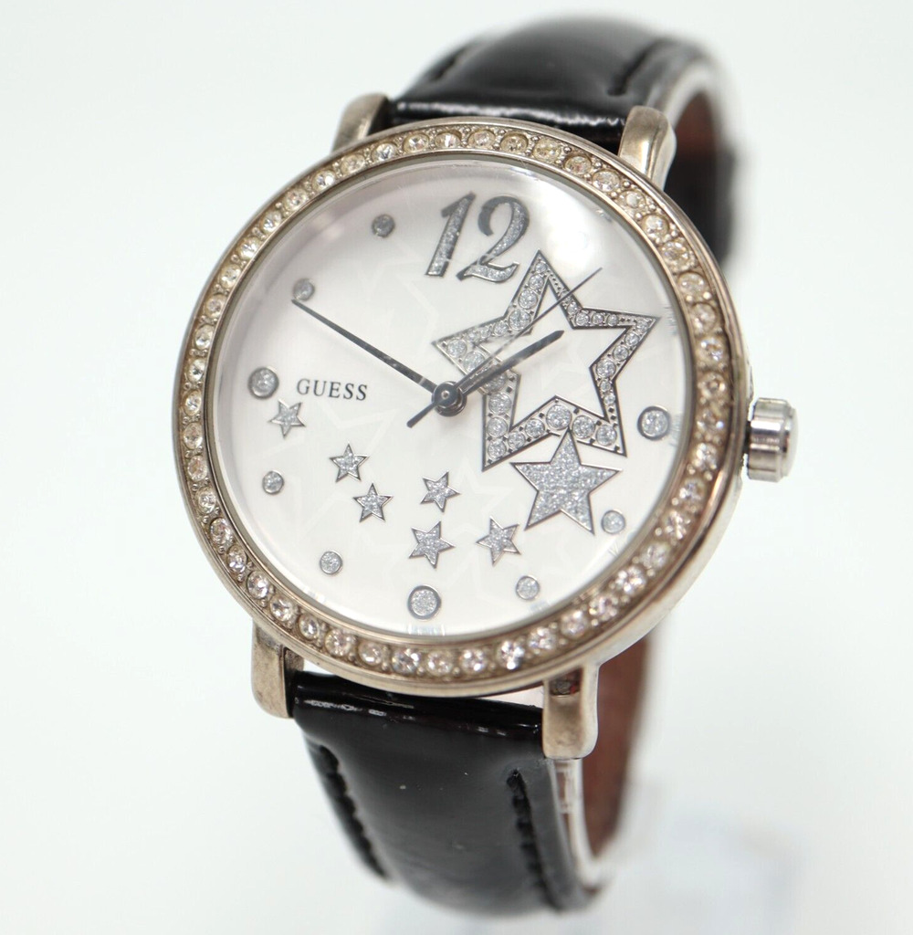 Guess Women Watch Silver Tone 36mm Silver Jewel Dial Leather Strap w New Battery